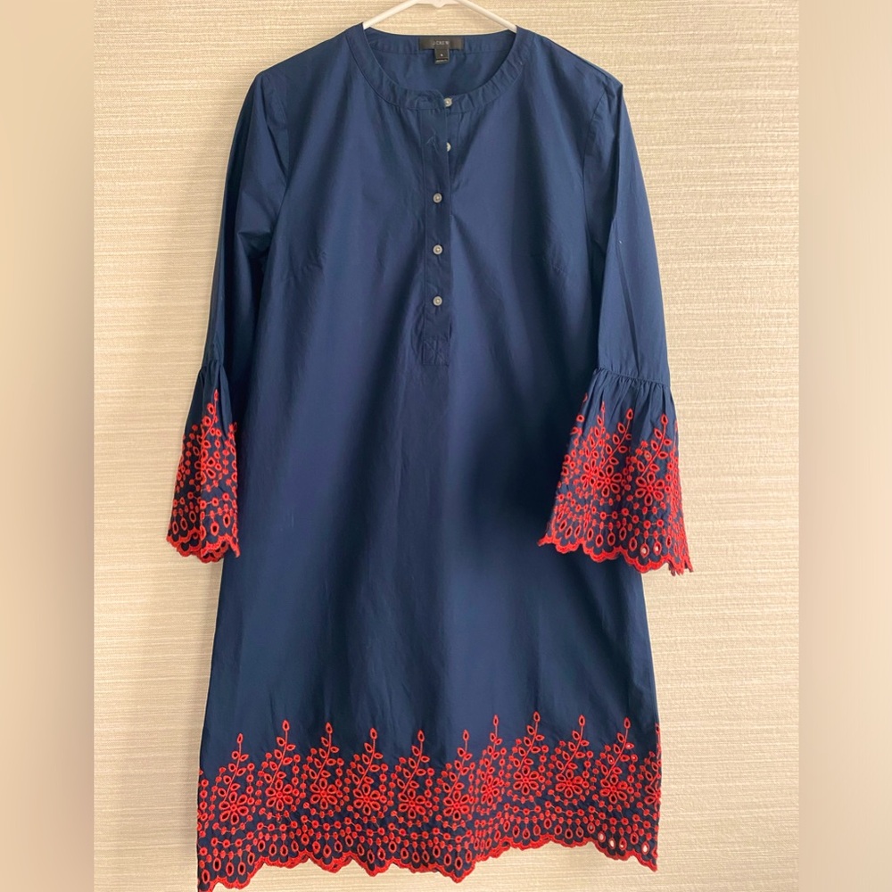 J. Crew Navy Midi Dress with Red Embroidered Hem and Sleeves